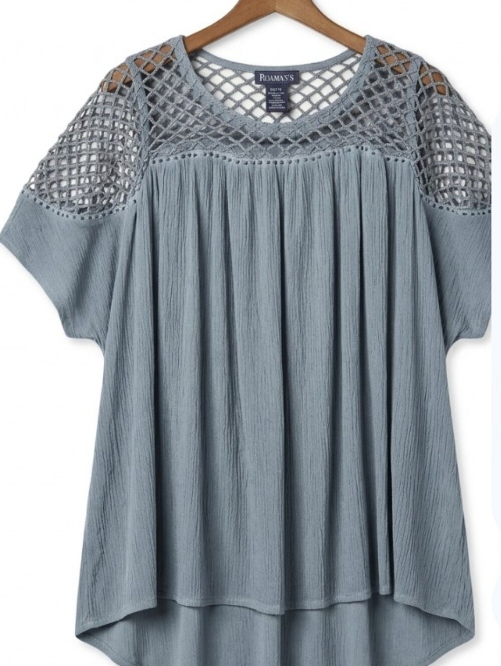 Roaman's Blue-Gray Crochet Shoulder Pleated Blouse